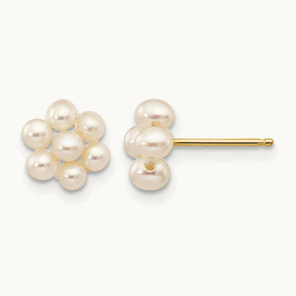 2- White Egg Freshwater Cultured Pearl Flower Earrings, 3mm, 14K