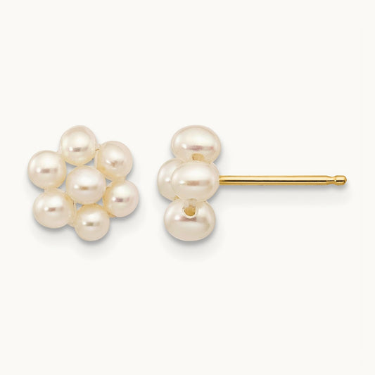 2- White Egg Freshwater Cultured Pearl Flower Earrings, 3mm, 14K