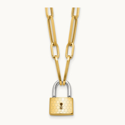 Fancy Link with Lock Necklace, 14K Two-tone
