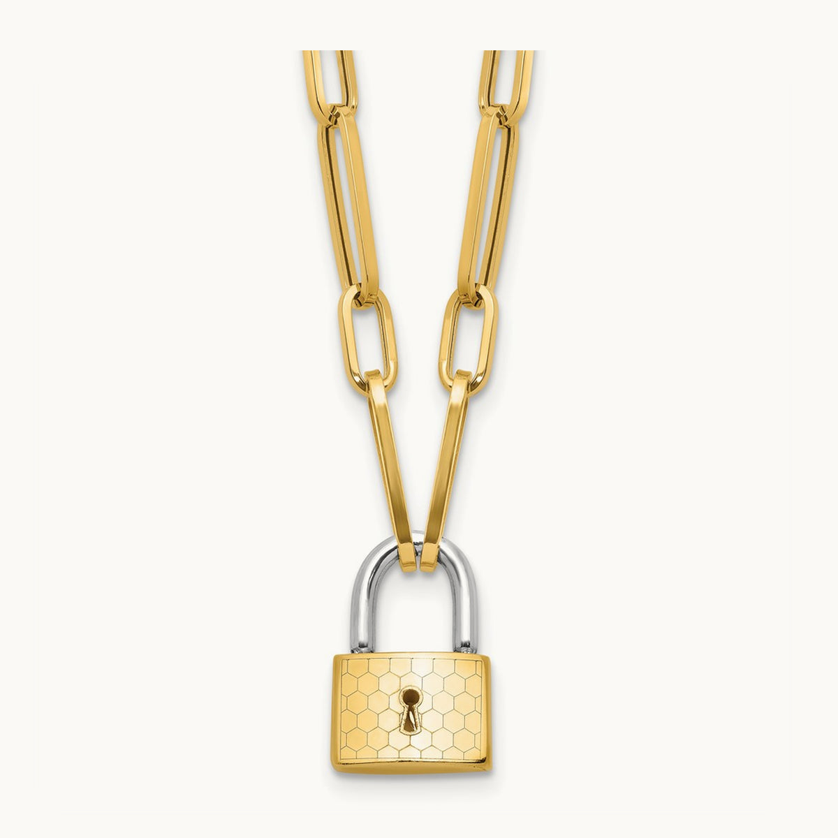 Fancy Link with Lock Necklace, 14K Two-tone