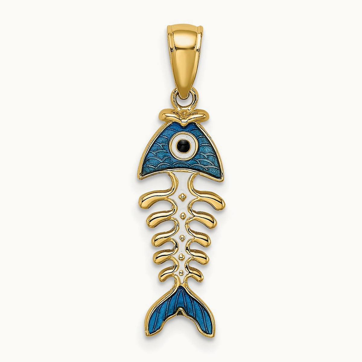 3D Blue Enamel Fish Bone Charm, 14K