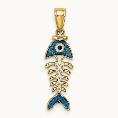 3D Blue Enamel Fish Bone Charm, 14K