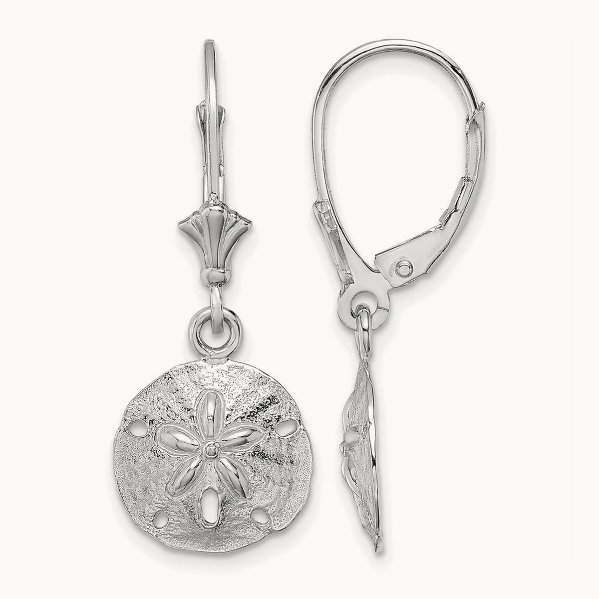 Polished Sand Dollar Leverback Earrings — 14K White Gold
