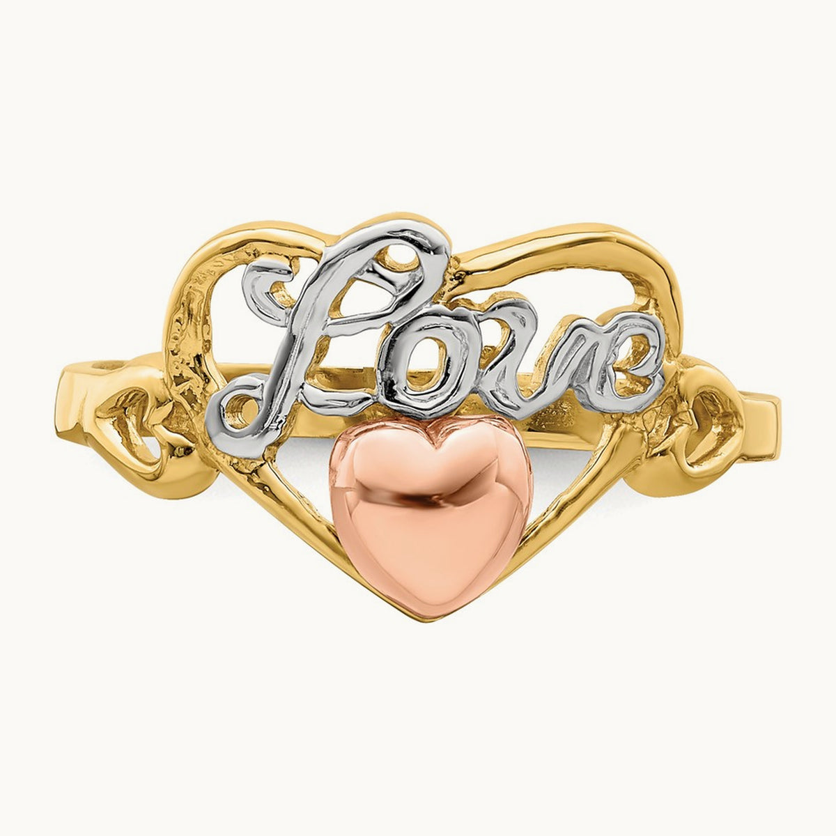 w/Rhodium Love Heart Ring, 14K Yellow with Rose Gold