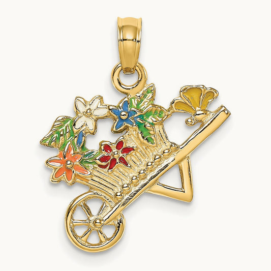 3-D Multi-color Enamel flower Cart Charm, 14K