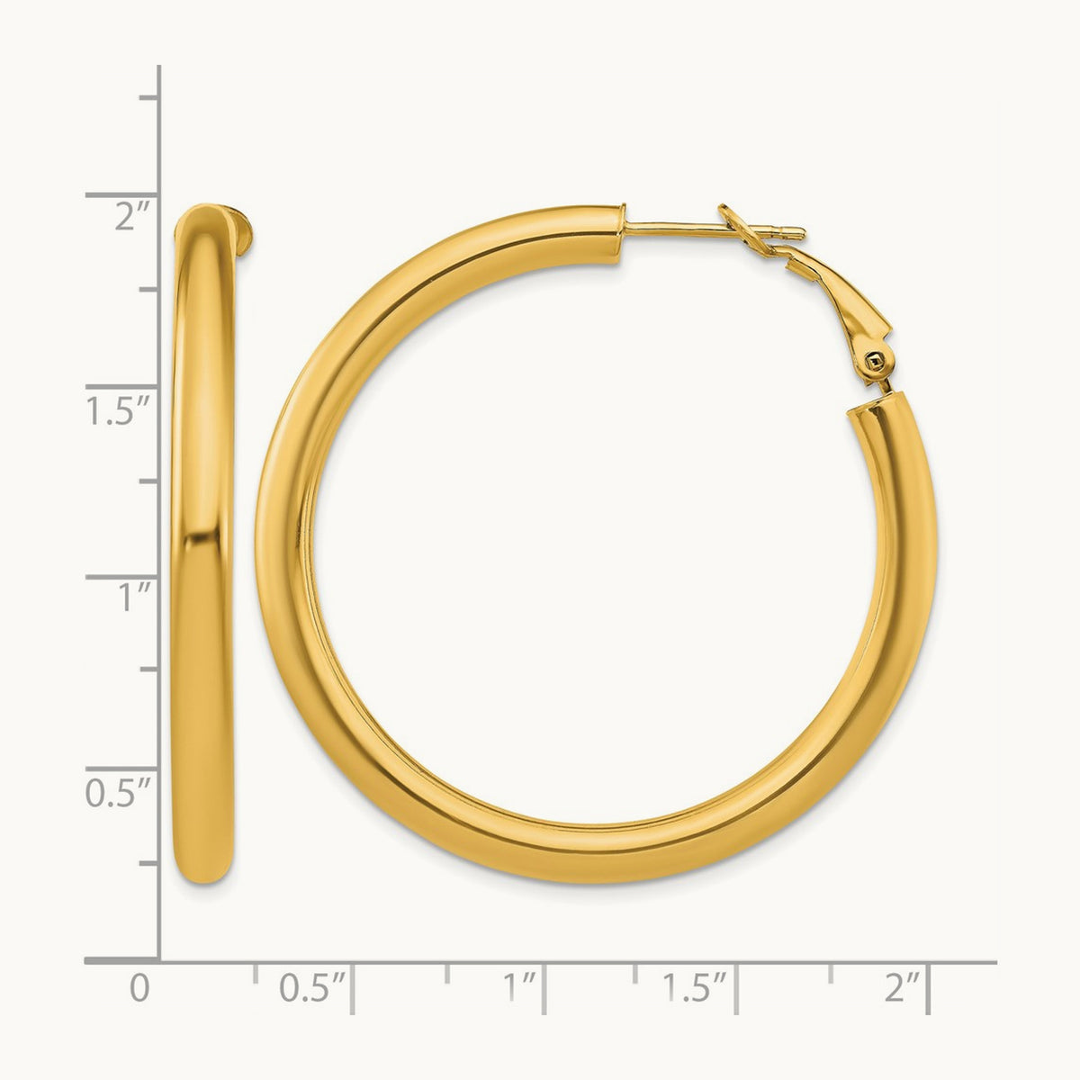Polished Round Omega Back Hoop Earrings — 14K Yellow Gold, 4x45mm