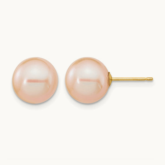 9- Pink Round Freshwater Cultured Pearl Stud Post Earrings, 10mm, 14K
