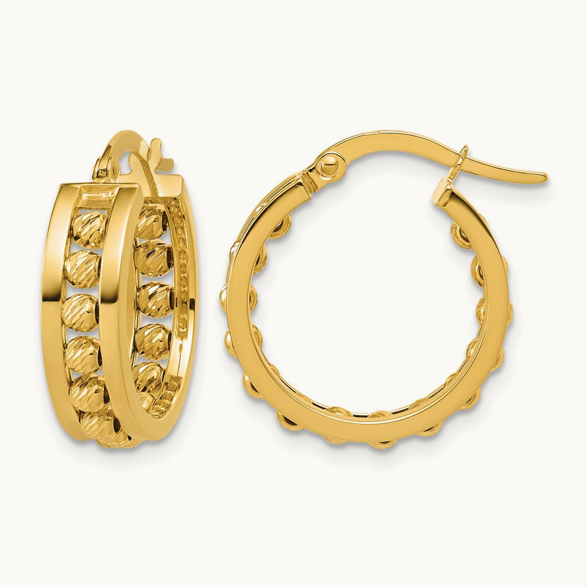Polished and Diamond-cut Beaded Tube Hoop Earrings — 19.5mm