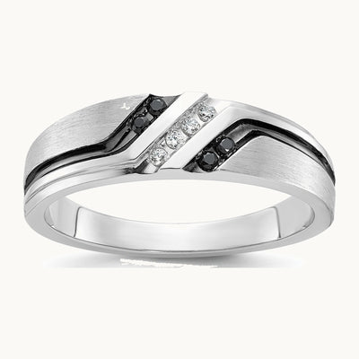 IBGoodman 14K White Gold with Black Rhodium Men's Polished Satin and Grooved 1/8 Carat AA Quality Black and White Diamond Ring