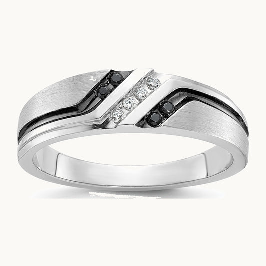 IBGoodman 14K White Gold with Black Rhodium Men's Polished Satin and Grooved 1/8 Carat AA Quality Black and White Diamond Ring