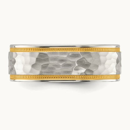 Brushed and Polished Hammered Yellow IP-plated Band, 7mm, Titanium