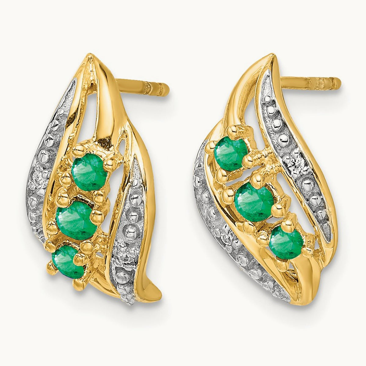 w/ Emerald and Diamond Polished Post Earrings, 14K Gold