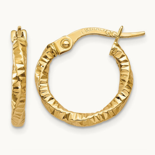 Polished and Textured Hoop Earrings — 14K Yellow Gold, 15mm