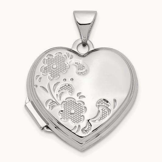 Polished Textured Floral Heart Locket, 14K White Gold