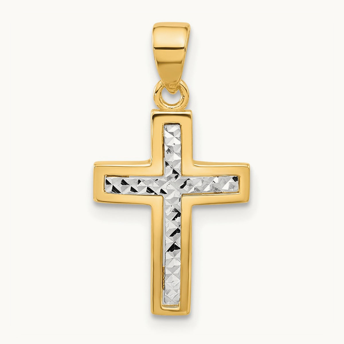 Polished and Diamond-cut Cross Pendant — 14K Two-Tone Gold