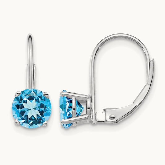 Blue Topaz Leverback Earrings, 6mm, 14K White Gold