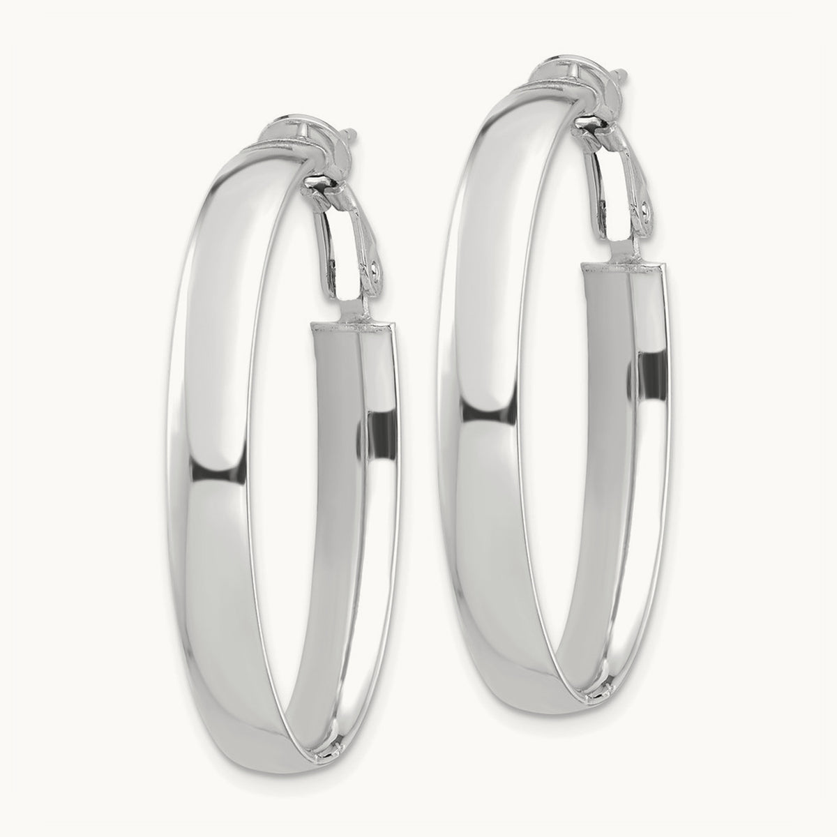 High Polished Oval Omega Back Hoop Earrings — 14K White Gold