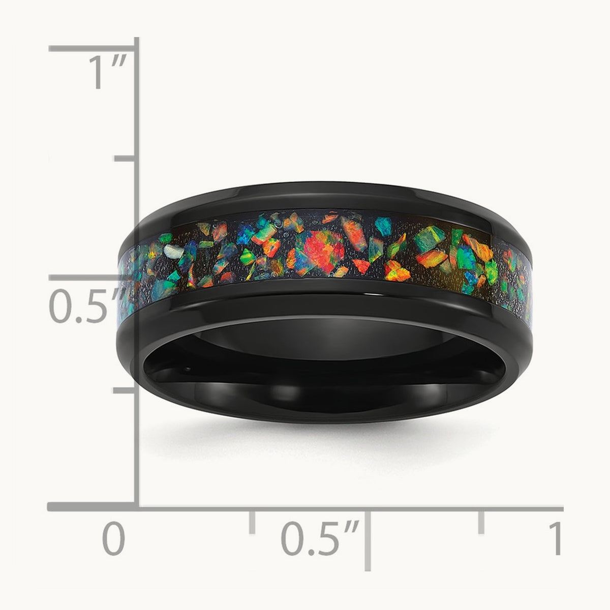 Polished Black IP-plated Multi-color Opal Inlay Band, 8mm, Stainless Steel