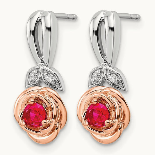 & Rose Ruby and Diamond Flower Post Earrings, 14K Two-tone White