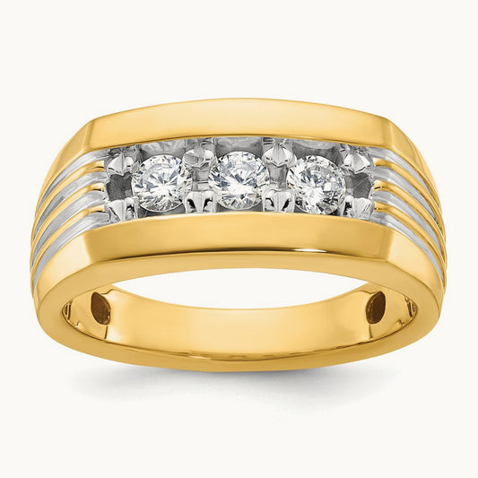 w/ White RH IBGoodman Men's Grooved 3-Stone Diamond Ring, 14K