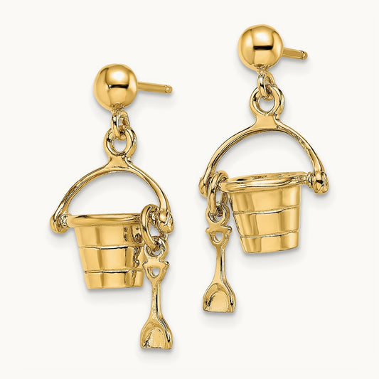 3-D Beach Bucket w/ Shovel Dangle Earrings, 14K