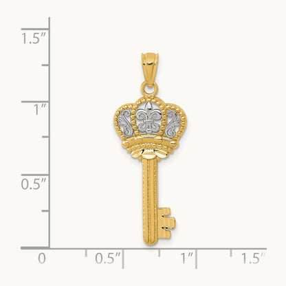 w/White Rhodium Polished Fleur De Lis Crown Key Charm, 14K