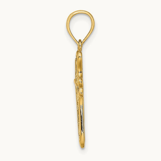 Cross w/ Textured Heart Edges Design Charm, 14K