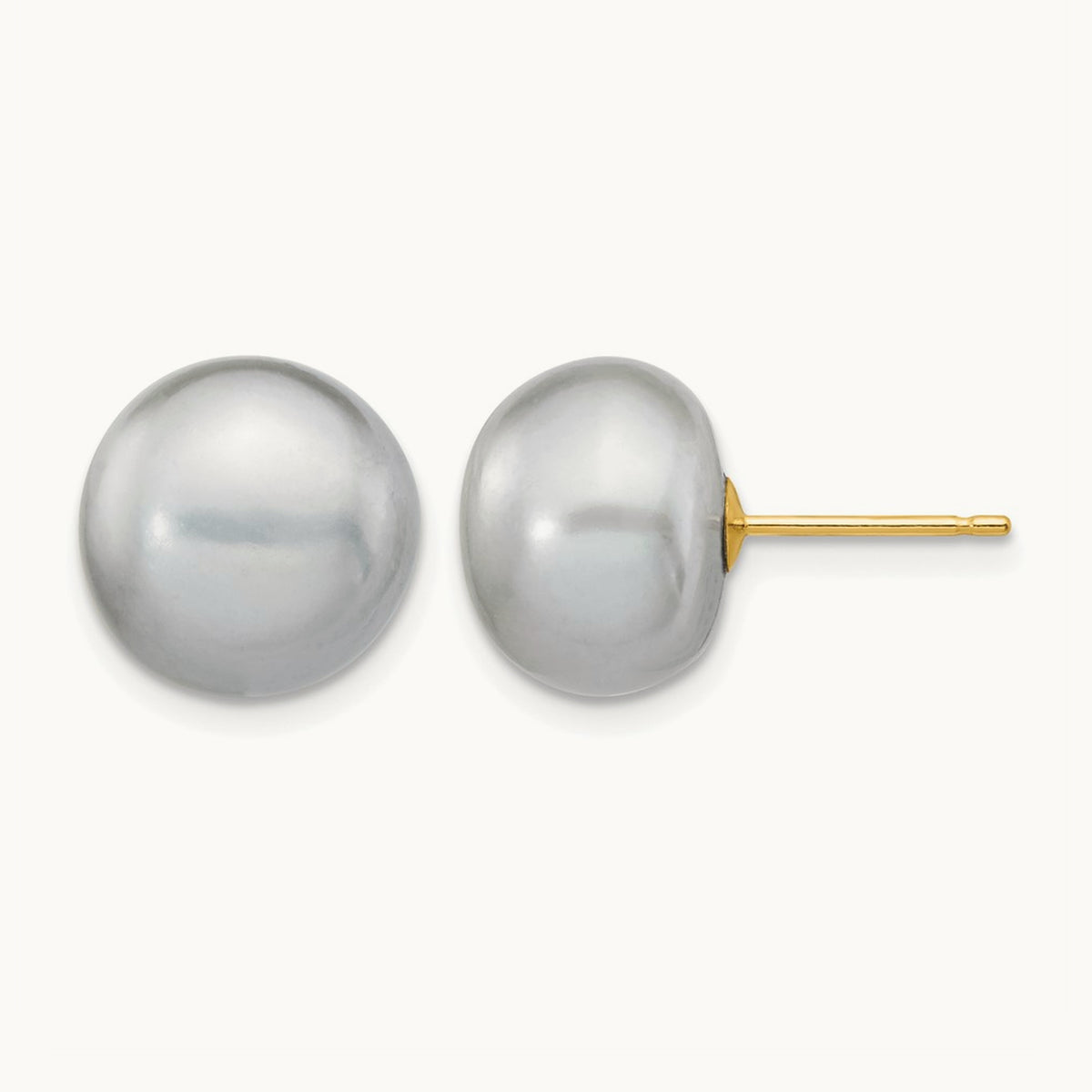10- Grey Button FW Cultured Pearl Stud Post Earrings, 11mm, 14K
