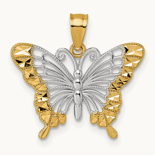 & Rhodium Diamond Cut Polished Butterfly Pendant, 14K