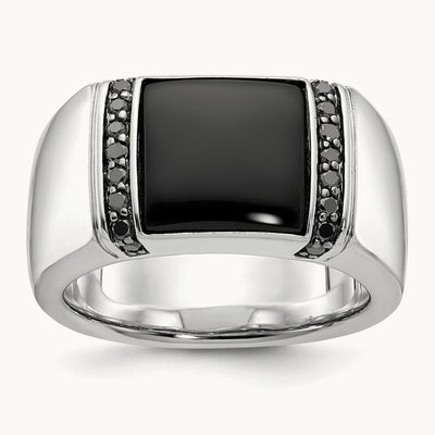 IBGoodman Men's Onyx and Black Diamond Complete Ring, 14K White Gold