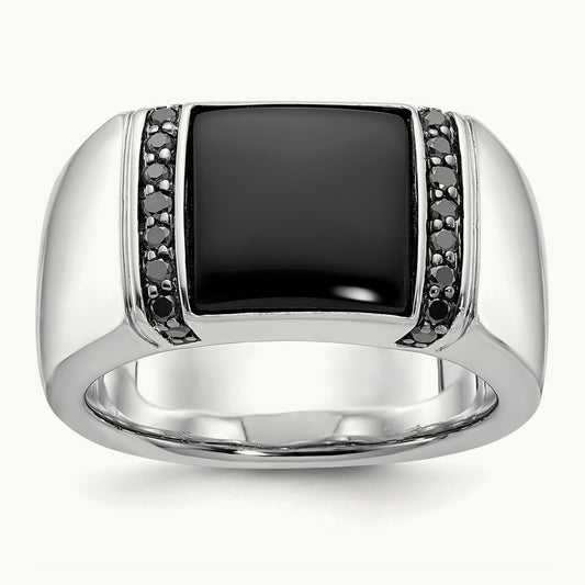 IBGoodman Men's Onyx and Black Diamond Complete Ring, 14K White Gold