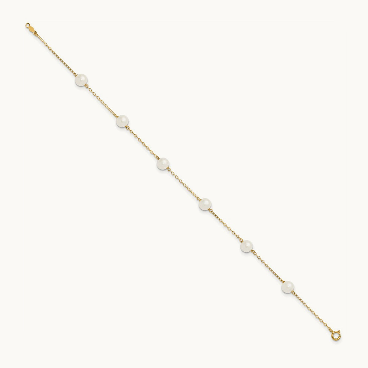 6- White Near Round Freshwater Cultured Pearl 6-station Anklet, 7mm, 14K