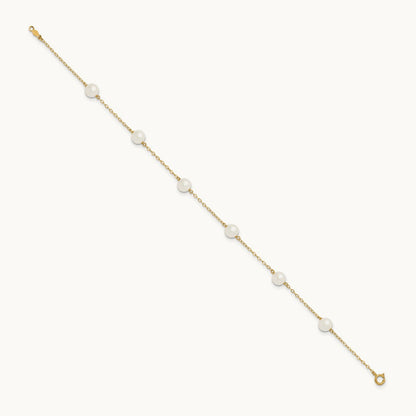 6- White Near Round Freshwater Cultured Pearl 6-station Anklet, 7mm, 14K