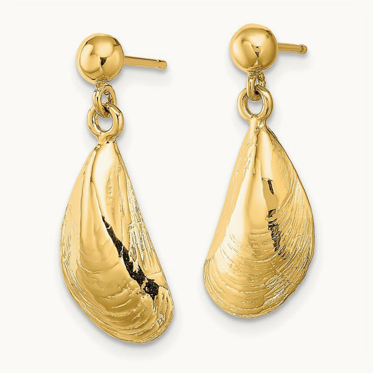 Mussel Shell Dangle Earrings, 14K
