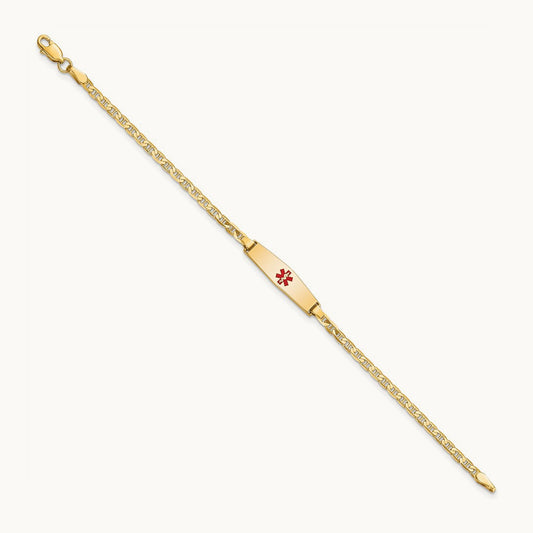 Medical Soft Diamond Shape Red Enamel Flat Anchor Link ID Bracelet, 14K