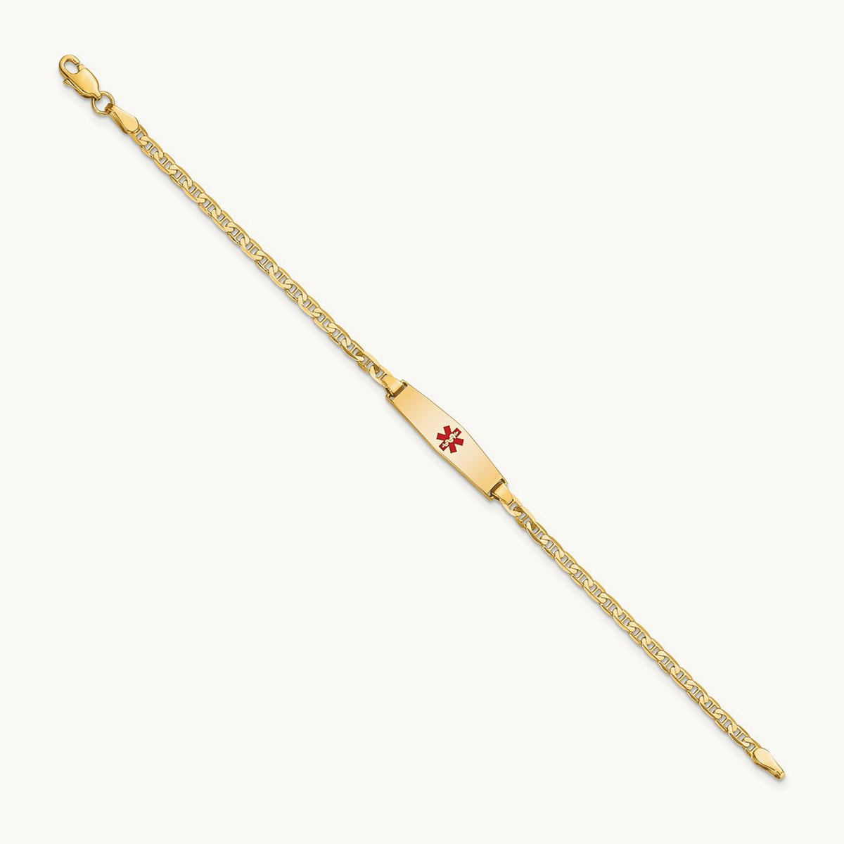Medical Soft Diamond Shape Red Enamel Flat Anchor Link ID Bracelet, 14K