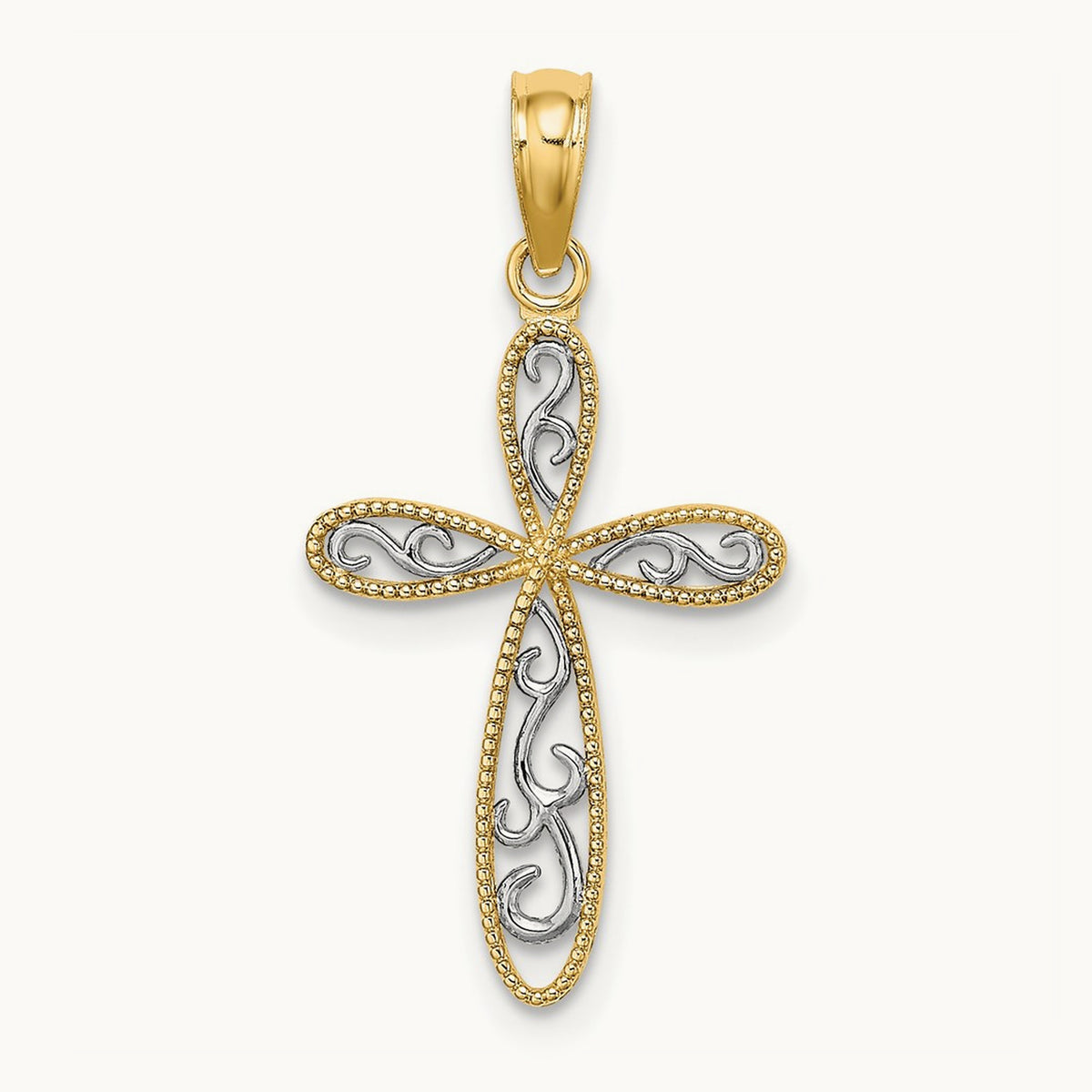 w/ Rhodium Filigree and Milgrain Cross Charm, 14K