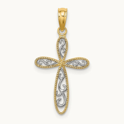 w/ Rhodium Filigree and Milgrain Cross Charm, 14K
