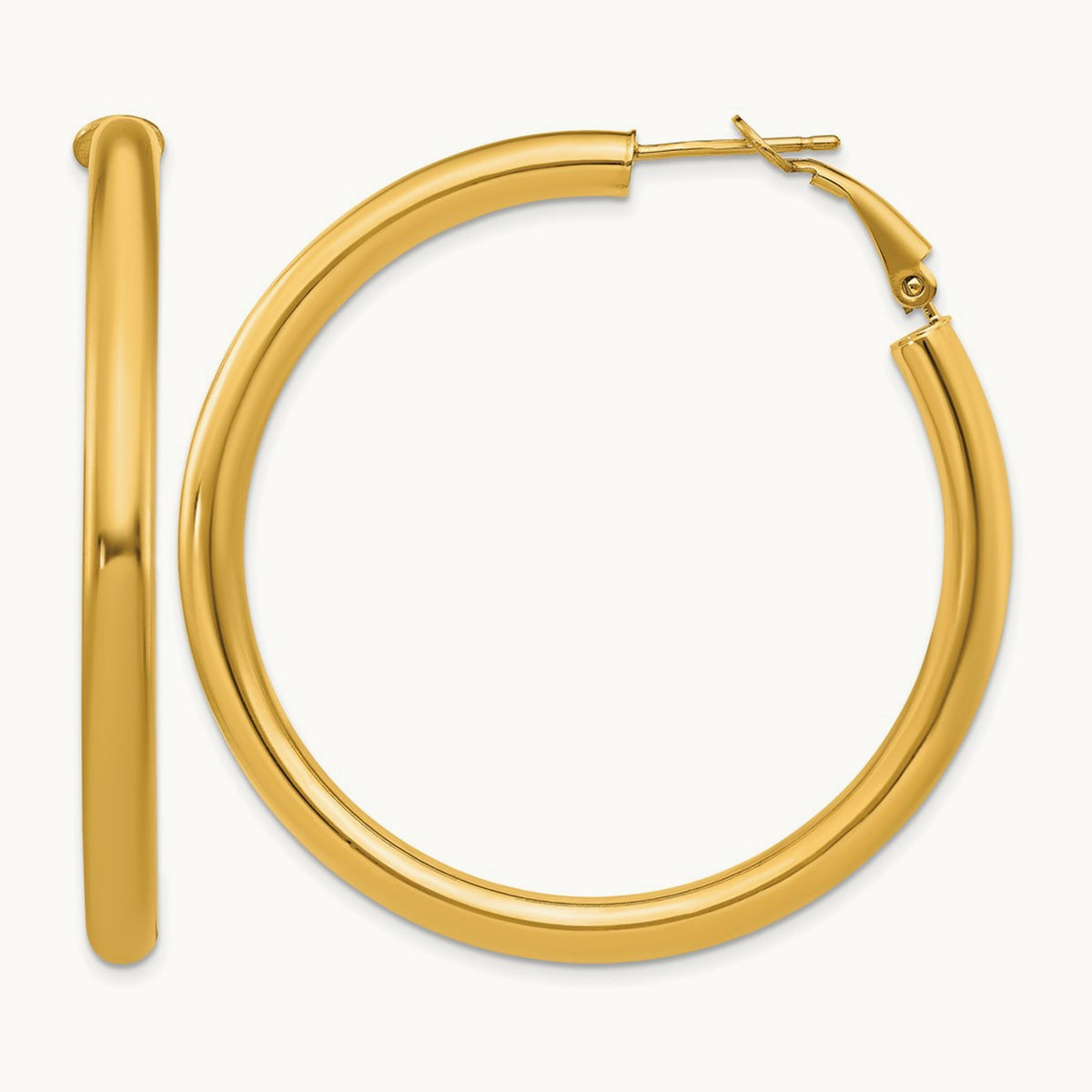 Polished Round Omega Back Hoop Earrings — 14K Yellow Gold, 4x50mm