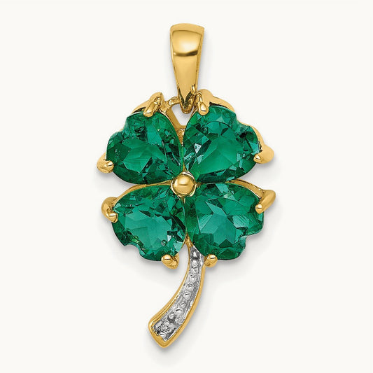 Created Emerald and Diamond Four Leaf Clover Pendant, 14K