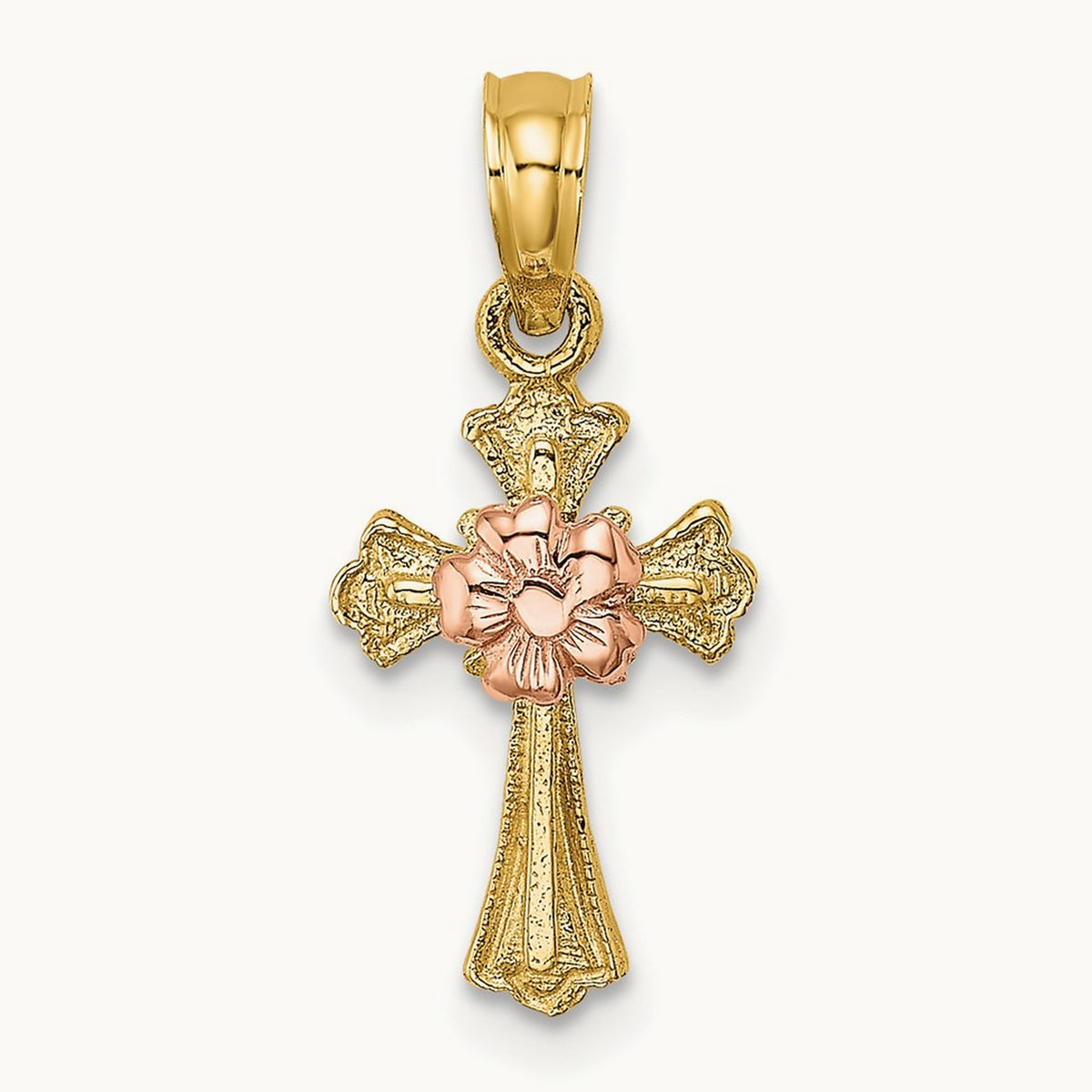 Cross w/ Small Flower Charm, 14K Two-tone
