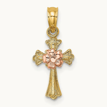 Cross w/ Small Flower Charm, 14K Two-tone