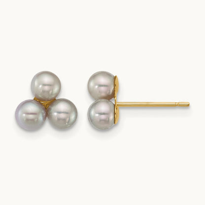 3- Button Grey Freshwater Cultured 3 Pearl Post Earrings, 4mm, 14K
