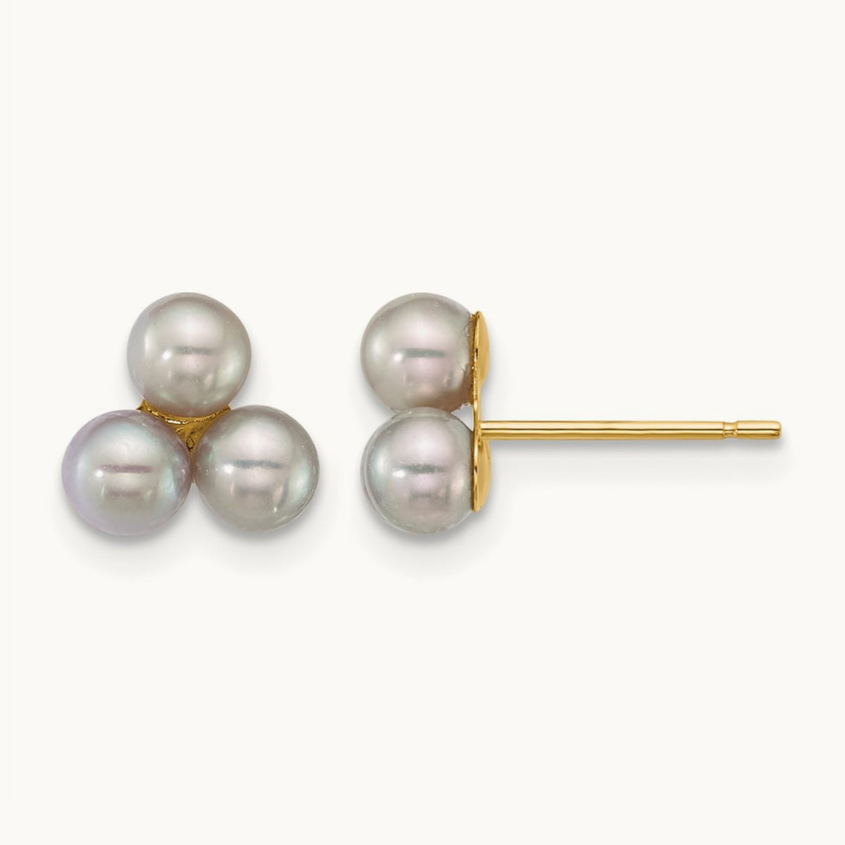 3- Button Grey Freshwater Cultured 3 Pearl Post Earrings, 4mm, 14K
