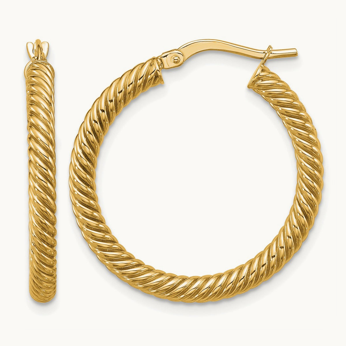 Twisted Round Hoop Earrings — 14K Yellow Gold, 3x26mm