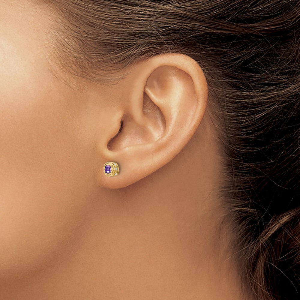 Cushion Amethyst and Diamond Earrings — 14K Yellow Gold