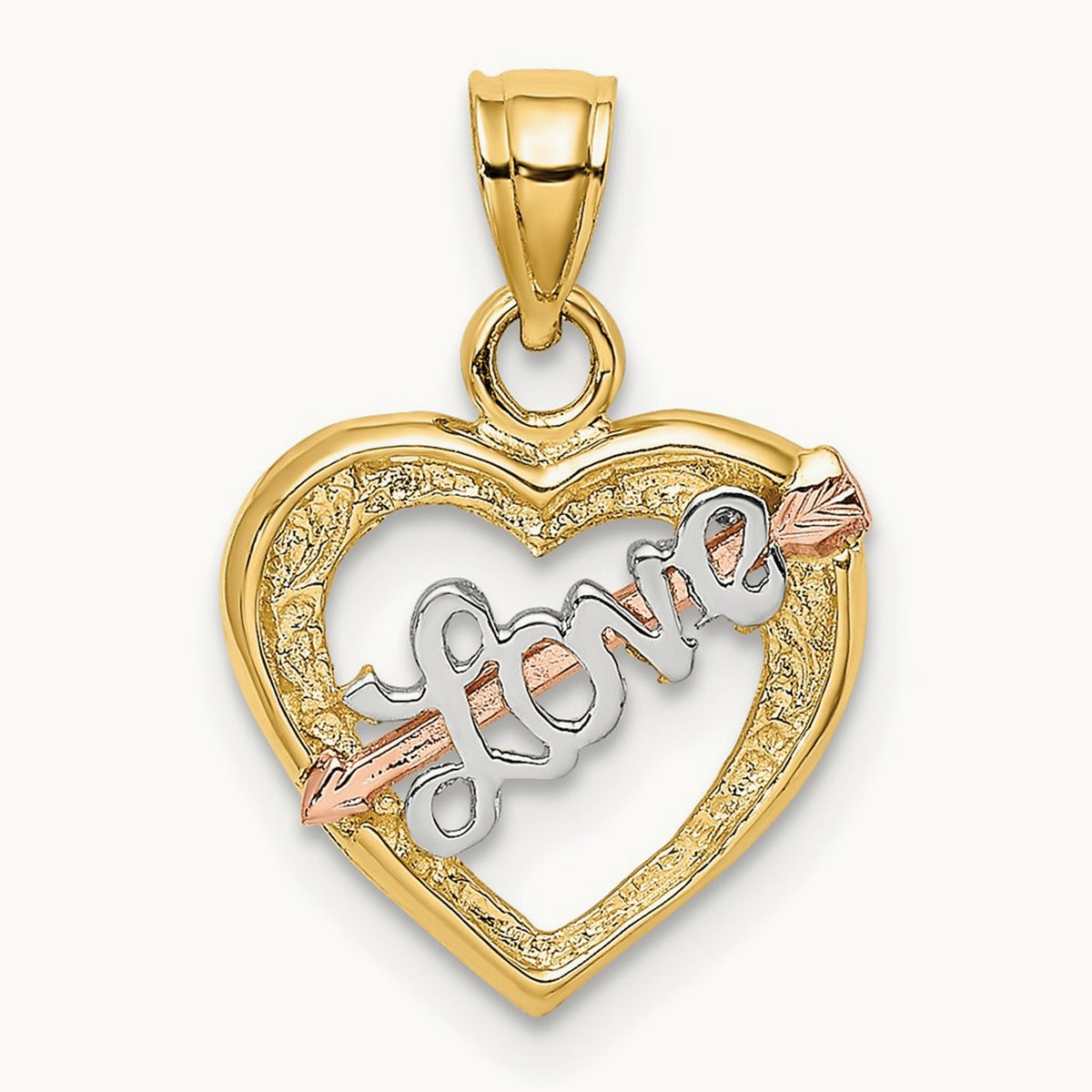 w/ White Rhodium LOVE Heart w/ Arrow Charm, 14K Yellow with Rose Gold