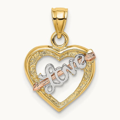 w/ White Rhodium LOVE Heart w/ Arrow Charm, 14K Yellow with Rose Gold