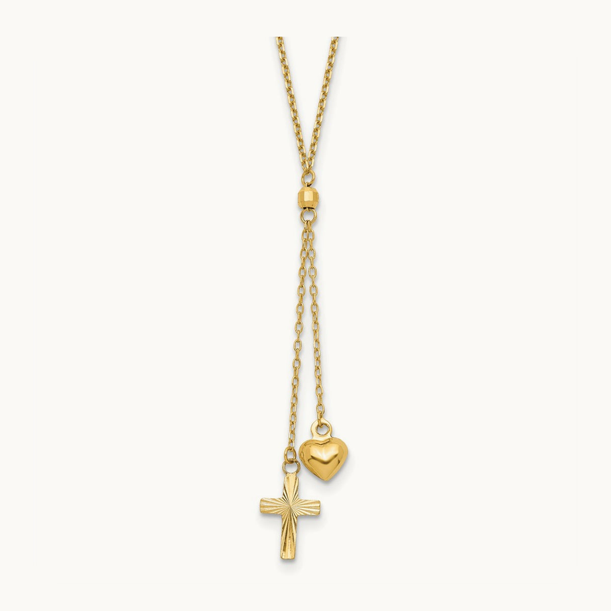 Puffed Heart & D/C Cross W/2 IN Ext Necklace, 14K