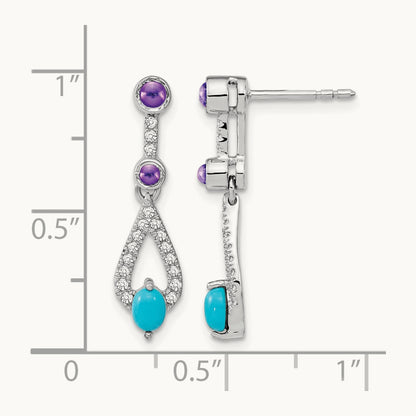 Turquoise/Amethyst/White Topaz Dangle Earrings, 14K White Gold